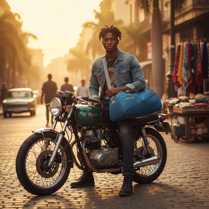Young man on a motorbike with a blue duffle bag, packed for a weekend getaway in Kenya