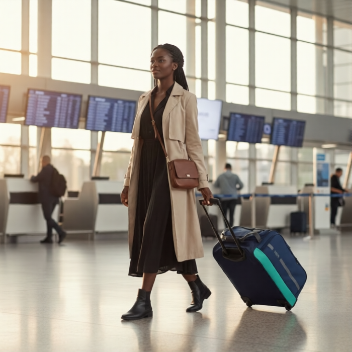 Woman in an airport terminal pulling a navy wheeled trolley duffle