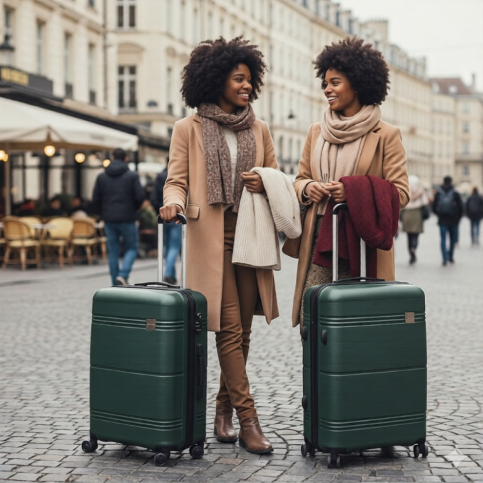 Two women with matching green hard-shell suitcases on a city street
