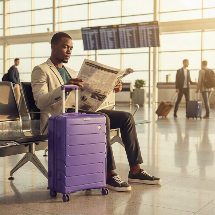 Man reading a newspaper in an airport lounge beside a purple hard-shell suitcase