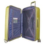 Verage 8-wheel hard-shell trolley suitcase in lichen green, open to show the interior
