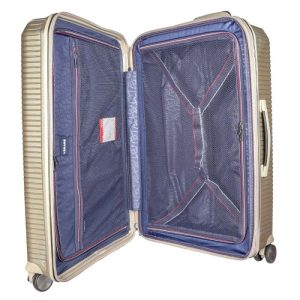Verage 8-wheel hard-shell trolley suitcase in champagne khaki, open to show the interior