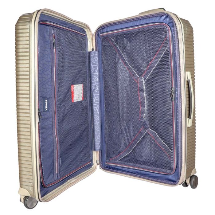Verage 8-wheel hard-shell trolley suitcase in champagne khaki, open to show the interior