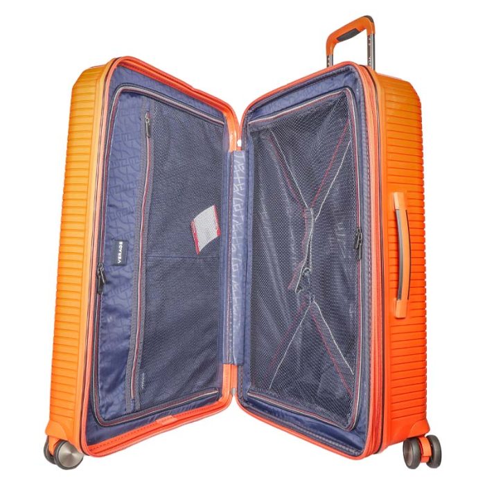 Verage 8-wheel hard-shell trolley suitcase in orange, open to show the interior