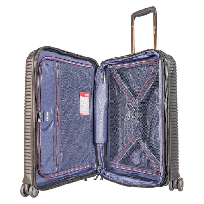 Verage 8-wheel hard-shell trolley suitcase in dark grey, open to show the interior