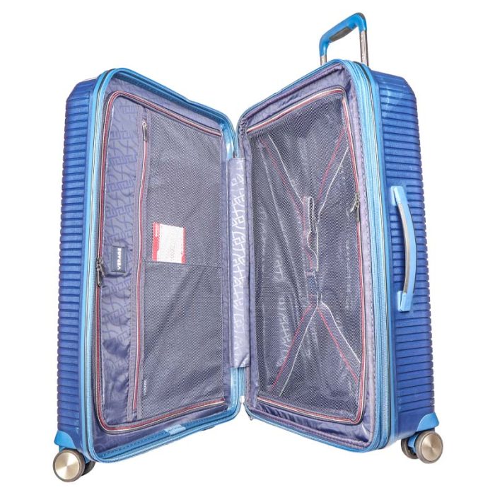 Verage 8-wheel hard-shell trolley suitcase in blue, open to show the interior