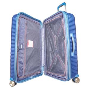 Verage 8-wheel hard-shell trolley suitcase in blue, open to show the interior